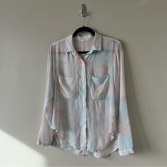 BELLA Dahl Long Sleeve Full Button Down Hipster Shirt Peach Fresco Block Print - Picture 7 of 16